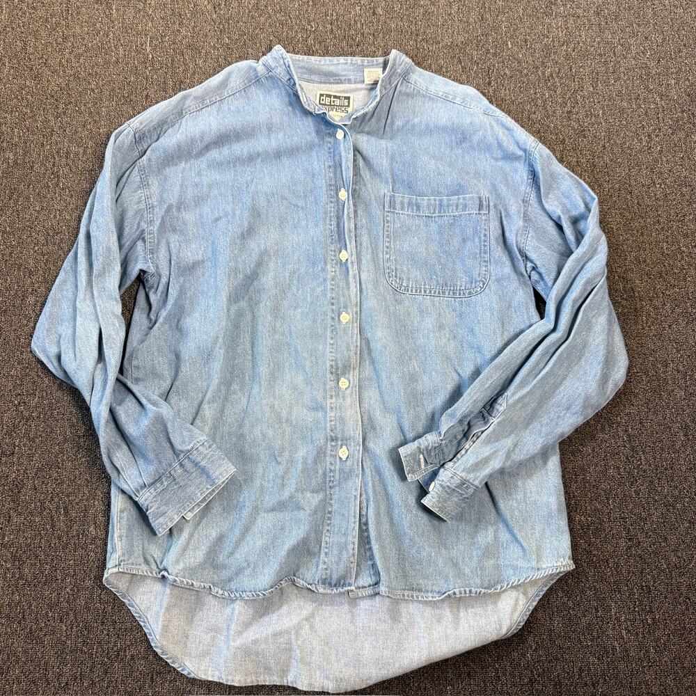 Vintage Y2k Light Wash Blue Denim 100% Cotton Longsleeve Women's Button Down L